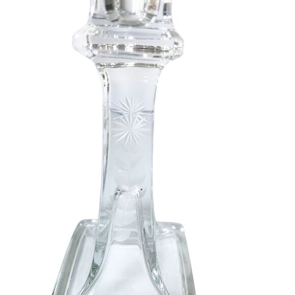 Pair Vintage Etched Glass Tapered Candle Stick Holders Etched Flower on 4 sides - Picture 3 of 6